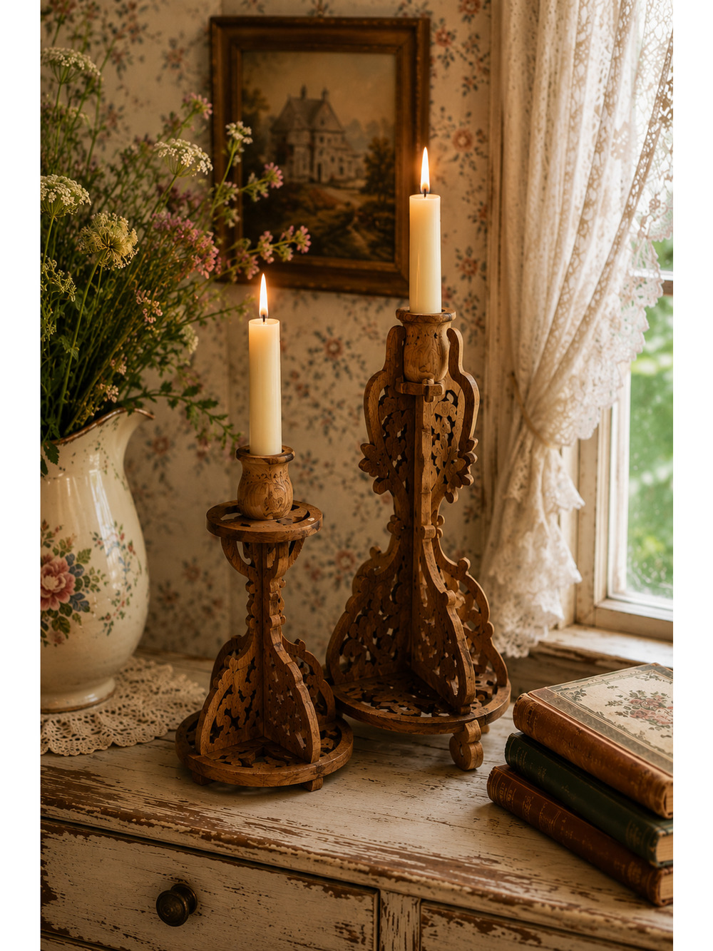 Vintage Pair Of Handmade Laser Cutout Wood Candle Holders 11" tall 7" Tall